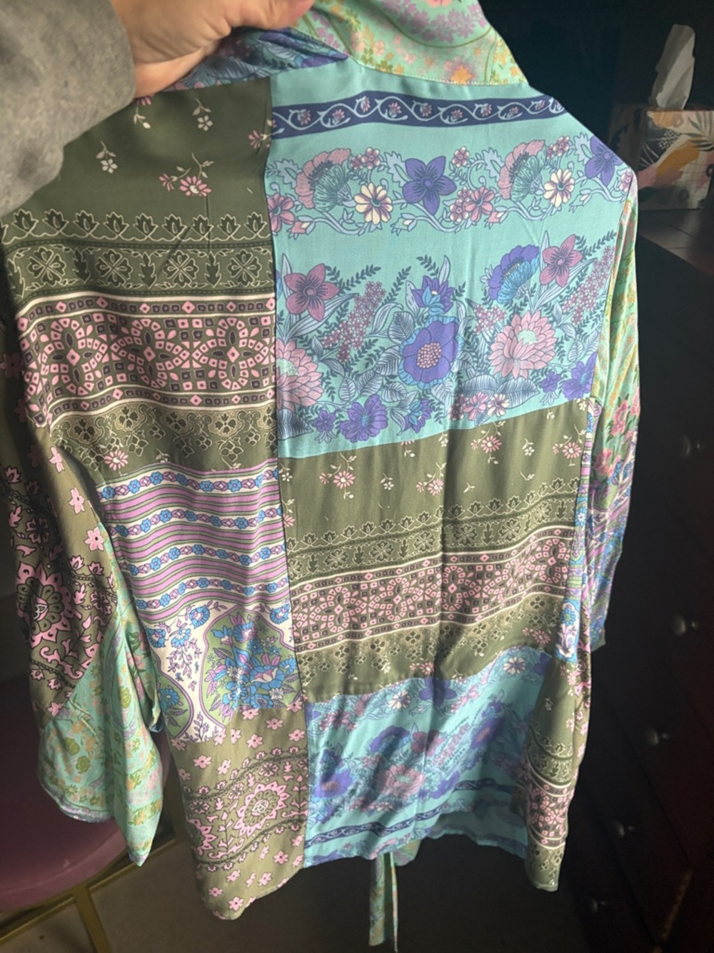 Boho Floral Patchwork Kimono Jacket in Olive & Teal - Picture 2 of 5